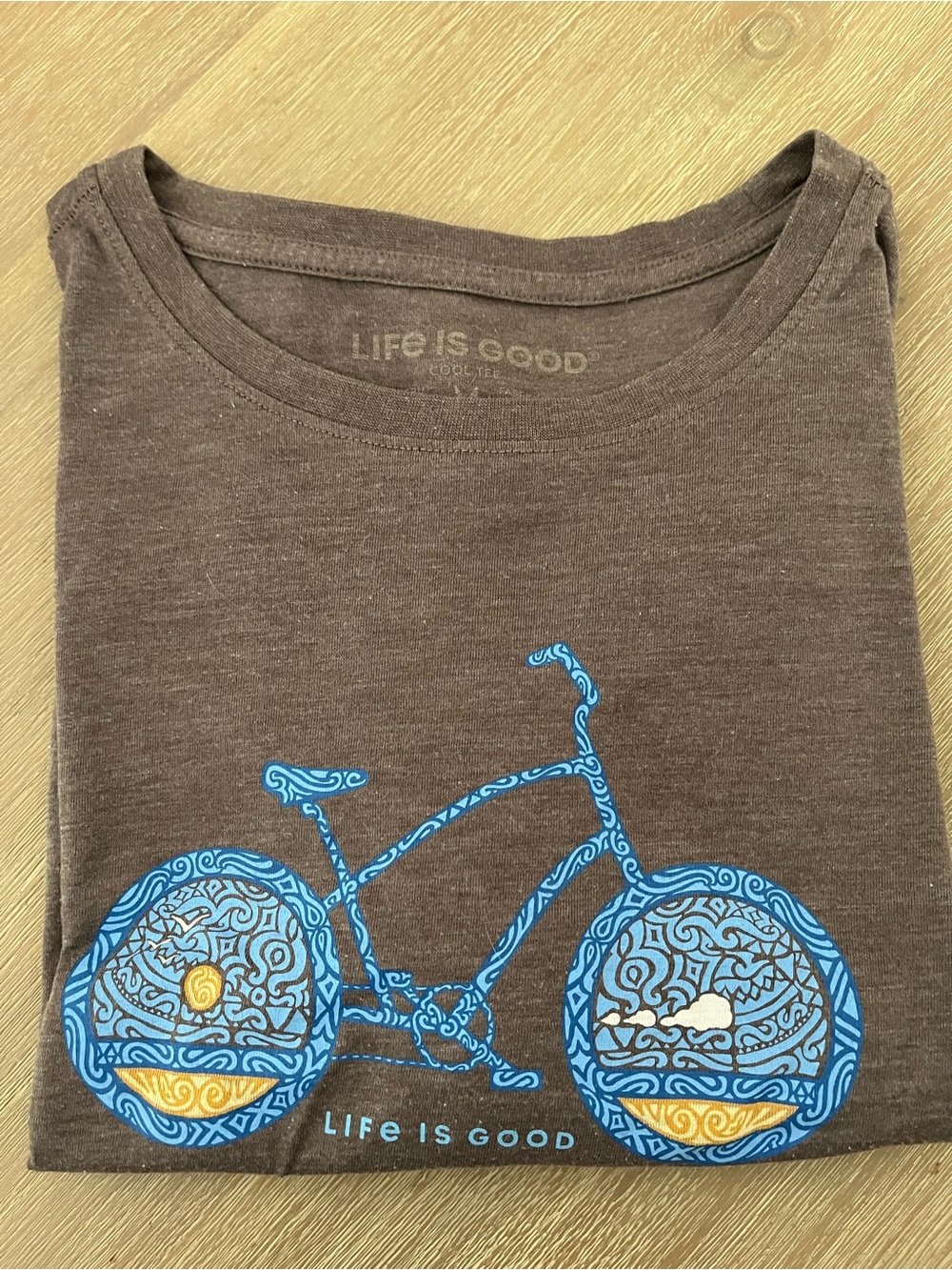 Life Is Good Brown Tee with Bright Blue Bicycle Graphic Size Medium